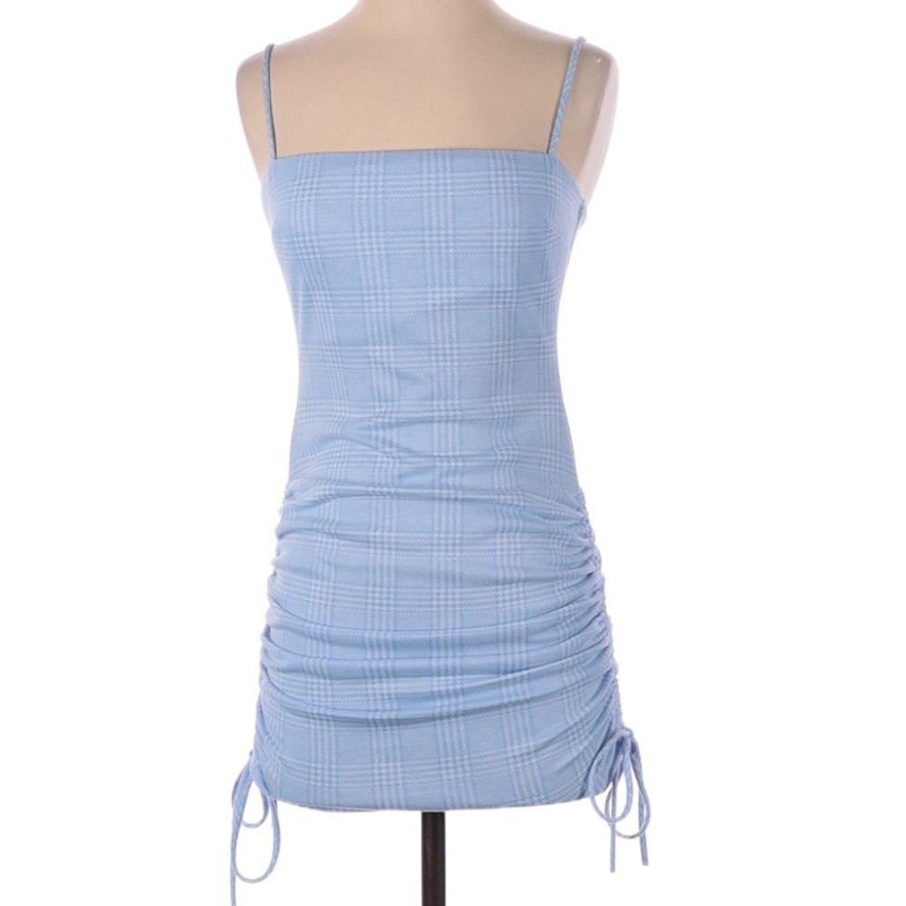 Windsor Ruched Blue Plaid Mini Dress